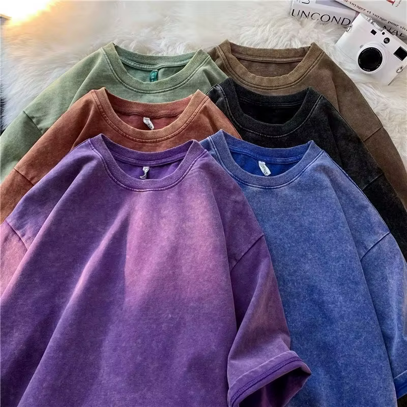 Style américain rétro lourd couleur unie à manches courtes T-shirt hommes femmes été rue à la mode l