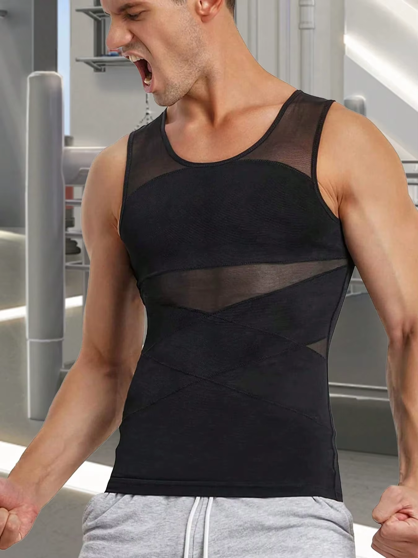 Débardeur de compression pour hommes en maille, sans manches, gaine amincissante pour le ventre
