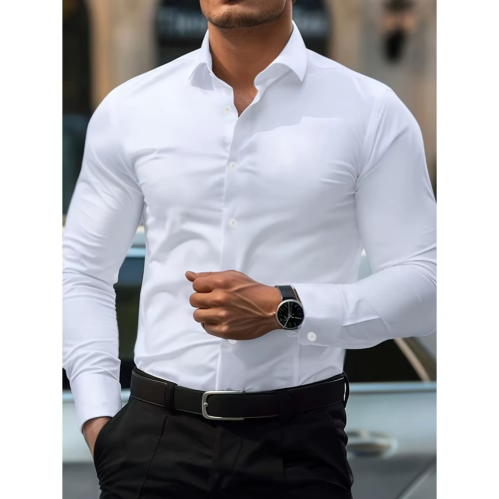 FGKKS nouveaux hommes chemise flambant neuf couleur unie à manches longues tissu élastique hommes pl