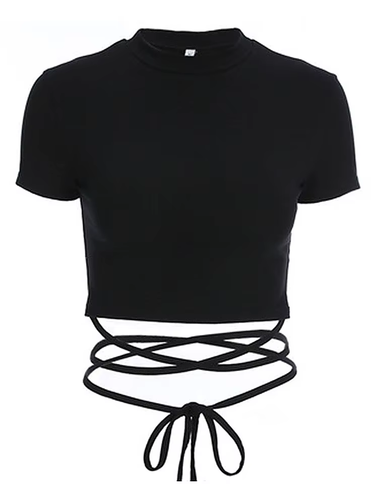 T-Shirts courts noirs pour femmes, sexy, manches courtes, bandage, été 2024