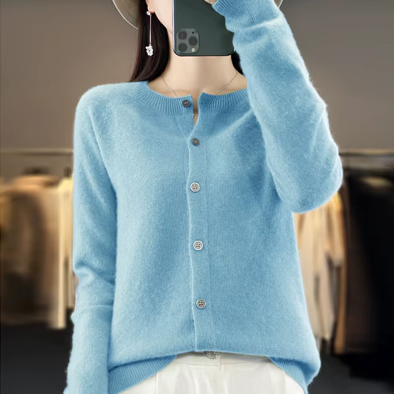Cardigans en laine mérinos pour femmes, pull en cachemire, col rond, manches longues, tricot, vêteme