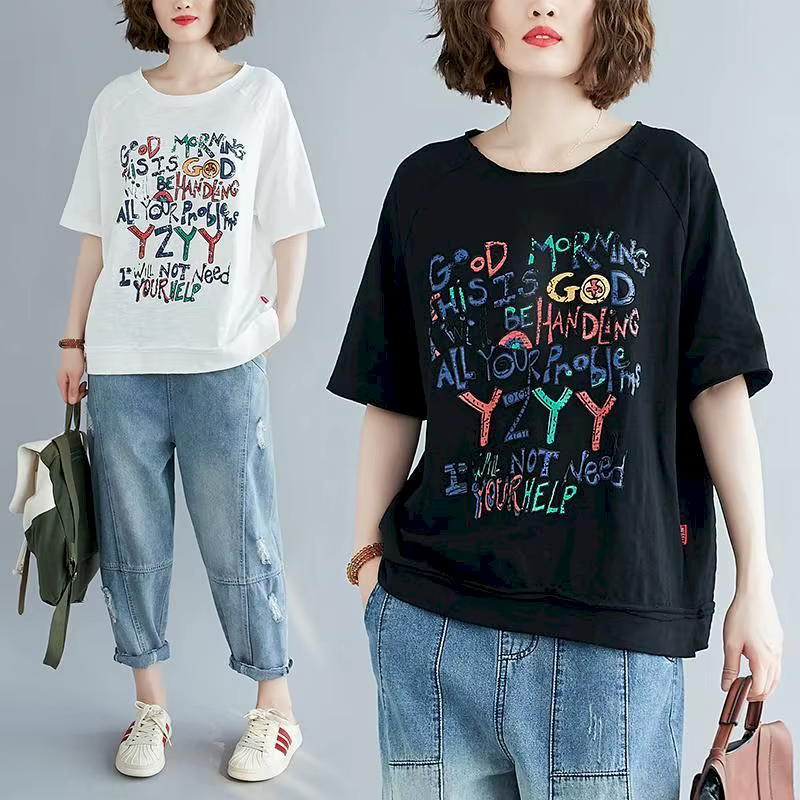 T-shirt manches courtes femme, ample et décontracté, en coton, avec lettres imprimées, art coréen, t