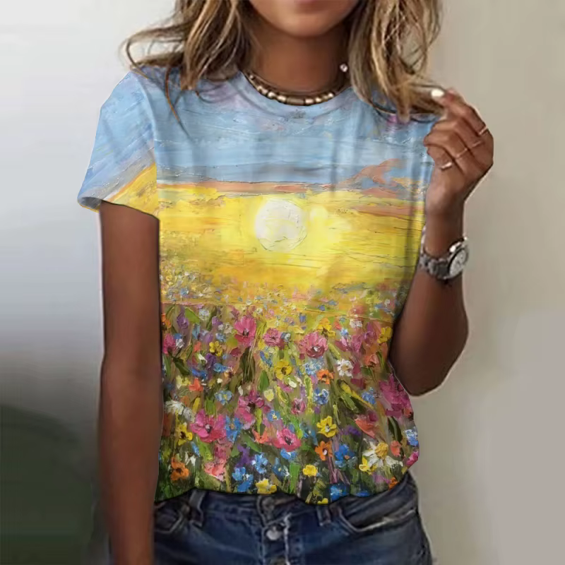 Arbres fleurs motif t-shirt pour femmes océan soleil 3D imprimé manches courtes T-Shirts été décontr
