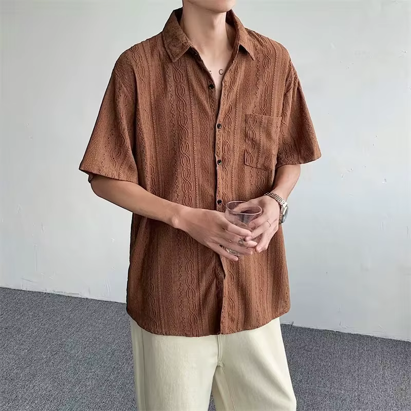 Chemises amples ajourées vintage japonaises pour hommes, chemises unies à manches courtes drapées, h