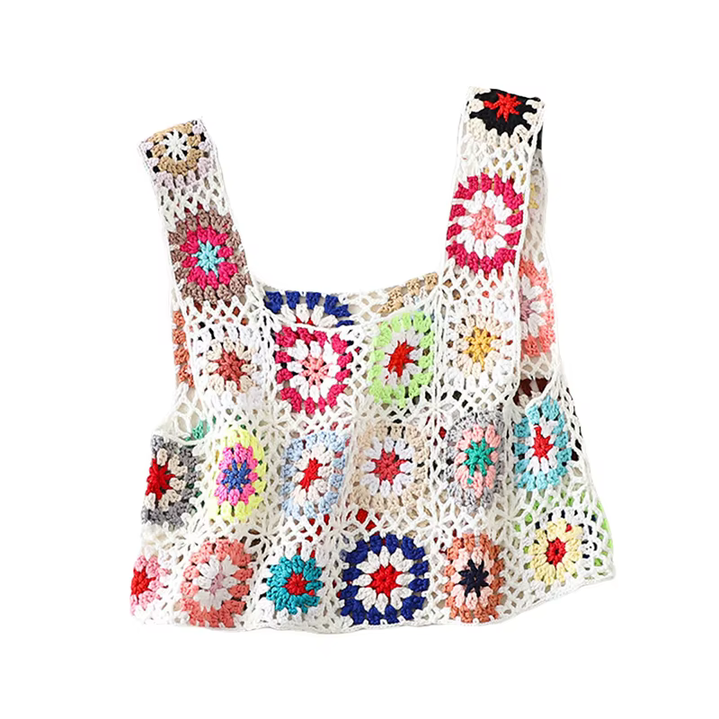 Hauts d'été sans manche pour femmes, débardeur coloré en tricot ajouré avec broderie au Crochet à la
