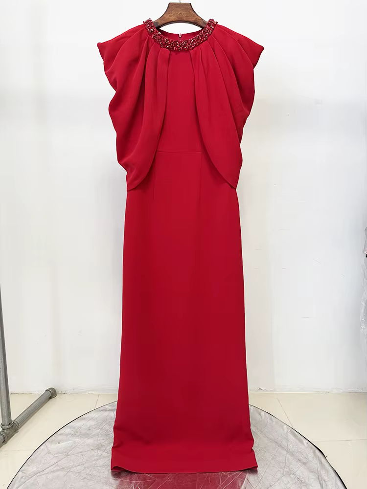 DEAT Robe de Soirée Élégante pour Femme, Manches Papillon, Plissée, Brodée, Évasée, Col Rond, Fendue