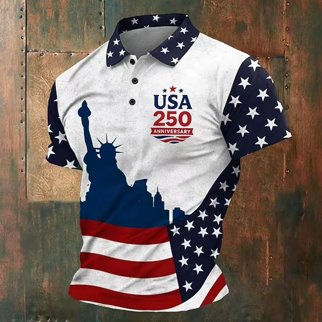 Polo Homme USA 250e Anniversaire Manches Courtes – Chemises Polo Drapeau Américain – Tenue Décontrac