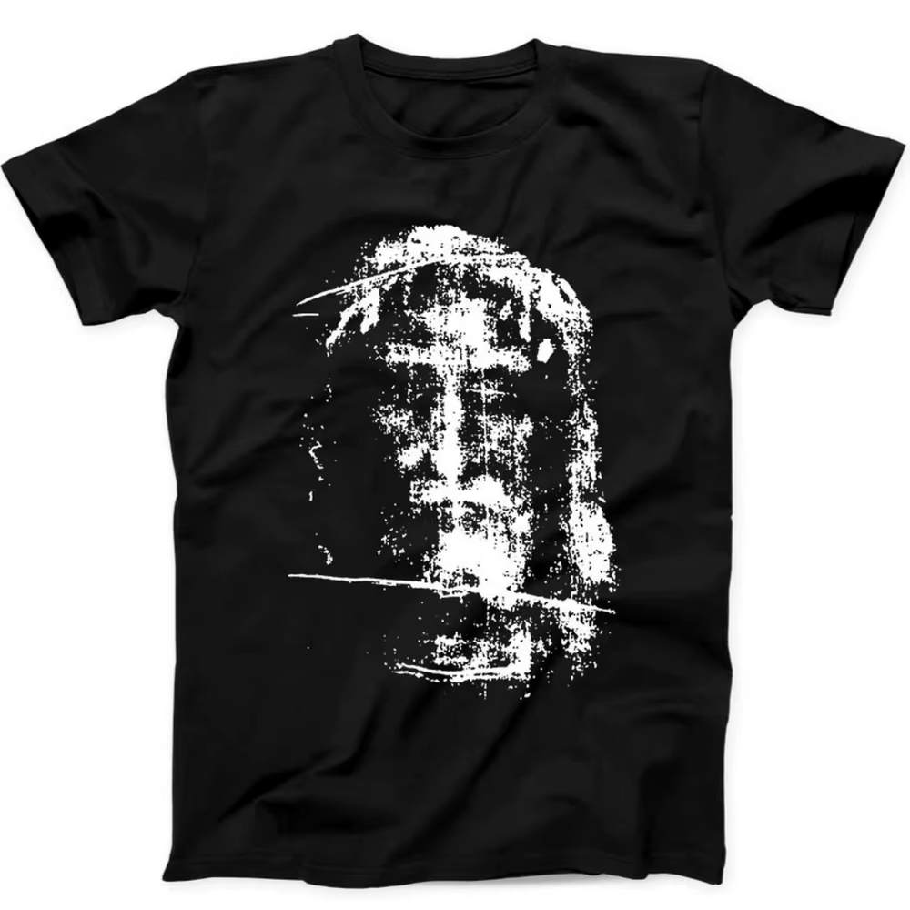 T-shirt noir à manches courtes avec motif du visage de Jésus-Christ sur la Sainte-Cène de Turin, cad