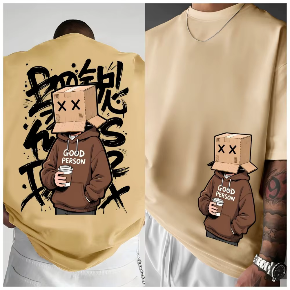 T-shirt col rond pour hommes, confortable et respirant, avec lettres de personnage de dessin animé a