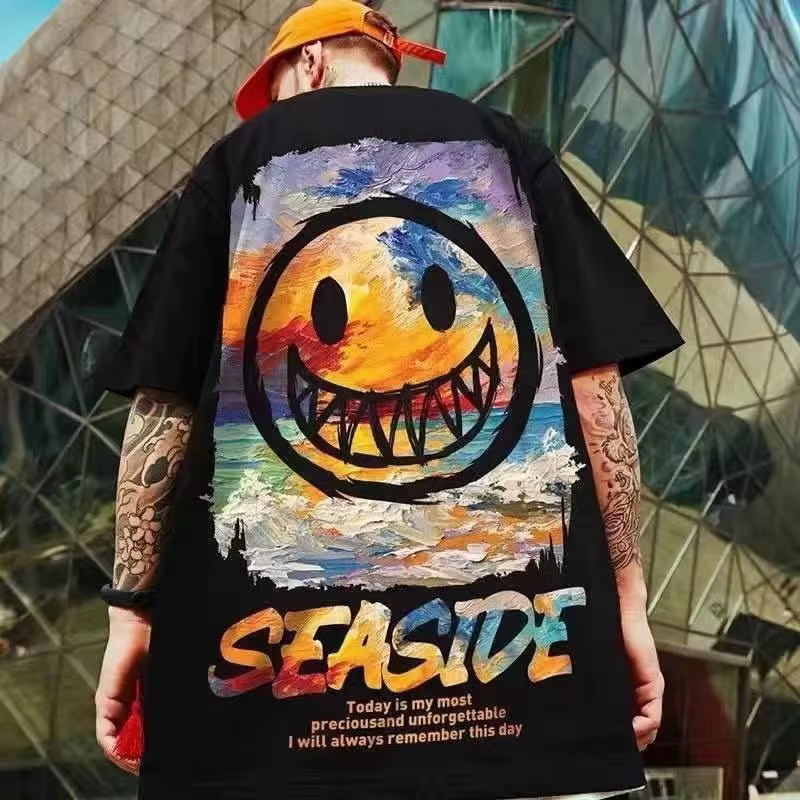 T-shirt ample 8XL tendance style vintage américain avec imprimé graffiti expressif, décontracté et d
