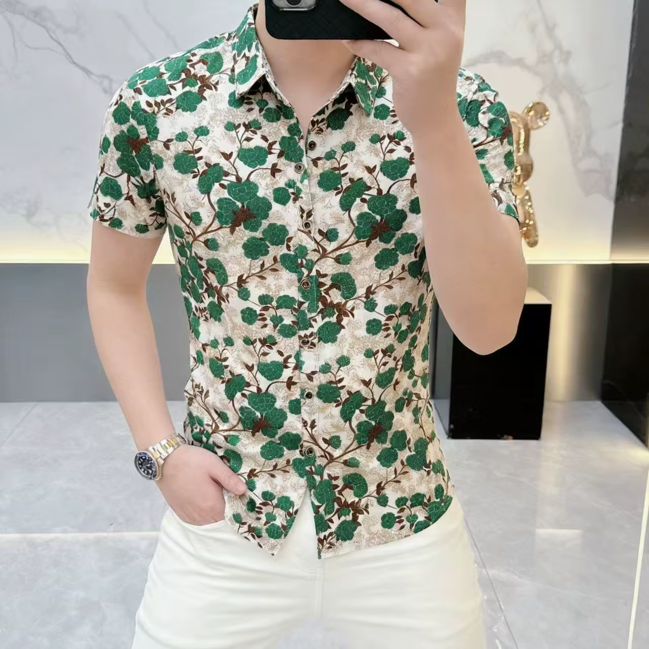 Chemise à manches courtes à imprimé floral tendance pour homme, respirante, confortable, décontracté