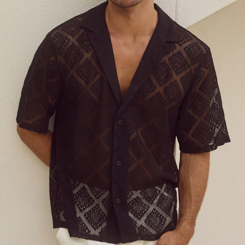Chemise d'été Cool pour hommes, tricoté, ajouré, dessus respirant, mode, manches courtes, revers, ch