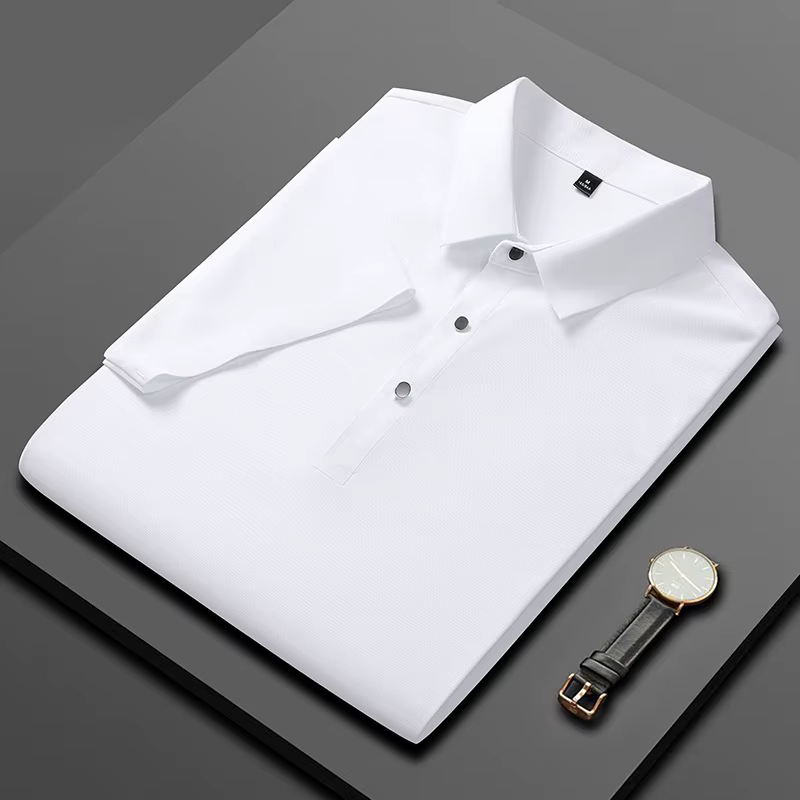 Polo haut de gamme sans coutures pour homme, fin, à manches courtes, col uni, pour affaires