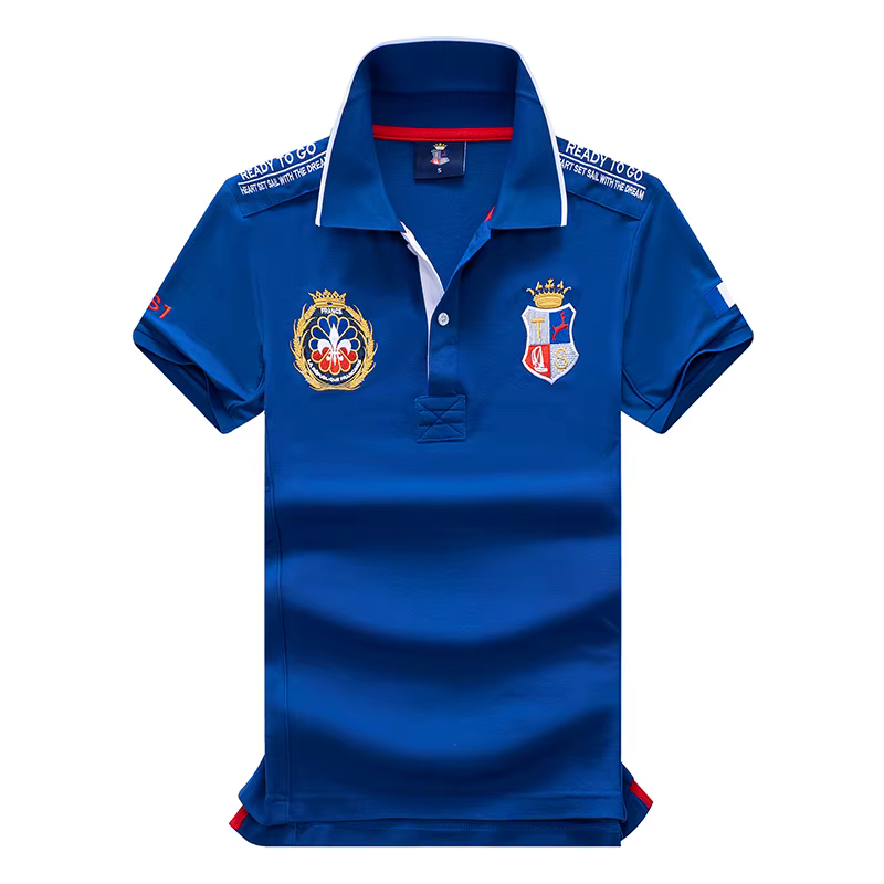 Polo homme France manches courtes Royal loisirs sport fête coton brodé avec fente contraste couleur