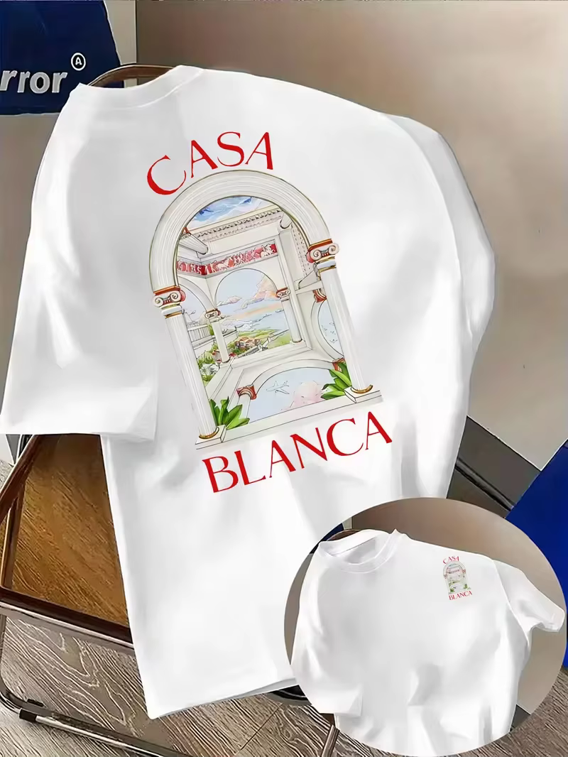 T-shirt graphique architectural esthétique Casablanca, T-shirt décontracté à col rond et manches cou
