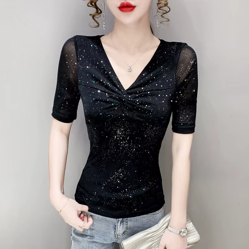 Femmes à manches courtes maille T-shirt été brillant fond haut décontracté brillant soie plissée che