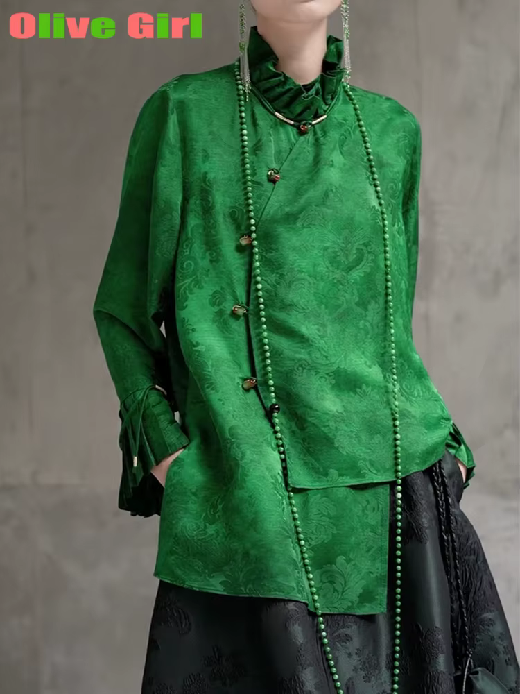 2025 vert petit haut Jacquard tissu élégant haut de gamme pétale manches chinois traditionnel vêteme