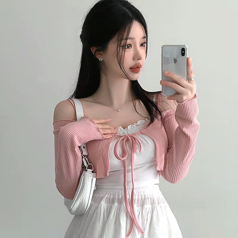 Mode rose Sexy femmes épaules nues à lacets manteaux corée printemps été nouveau doux Cardigan court