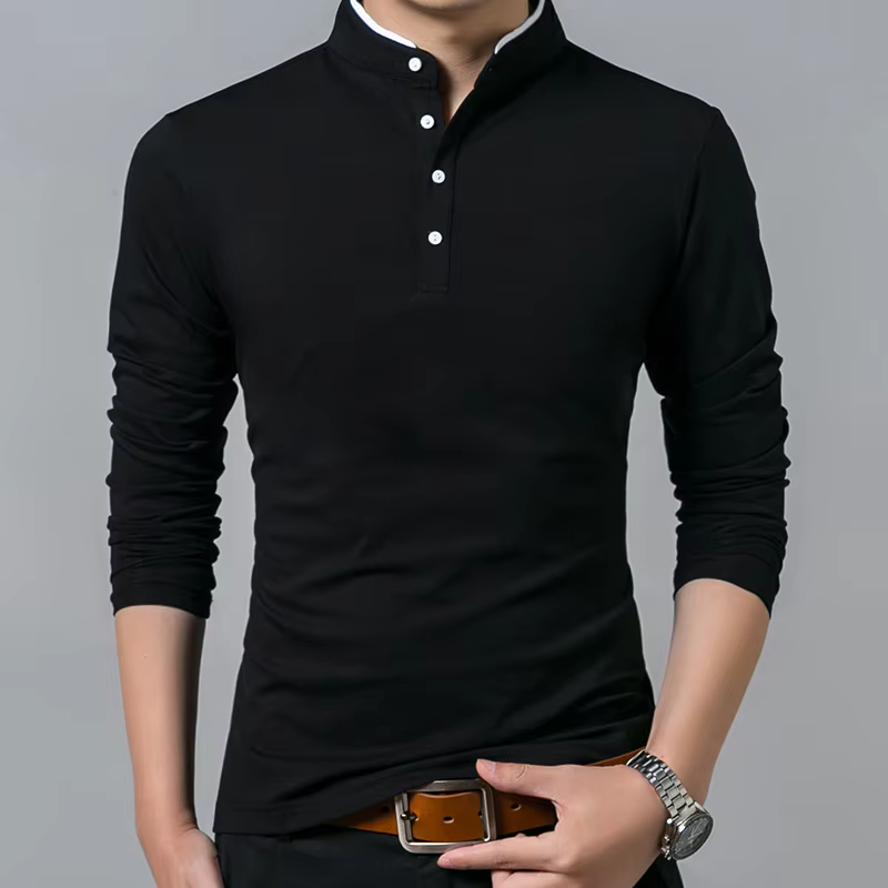 SHiONFA t-shirts en pur coton pour hommes col Mandarin à manches longues chemise confortable simple