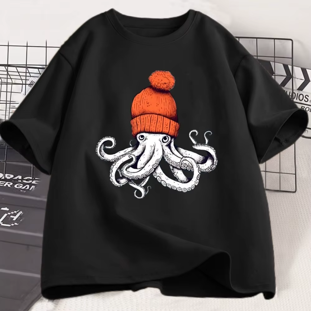T-shirt décontracté à manches courtes et col rond, motif japonais, avec un pieuvre à chapeau orange,