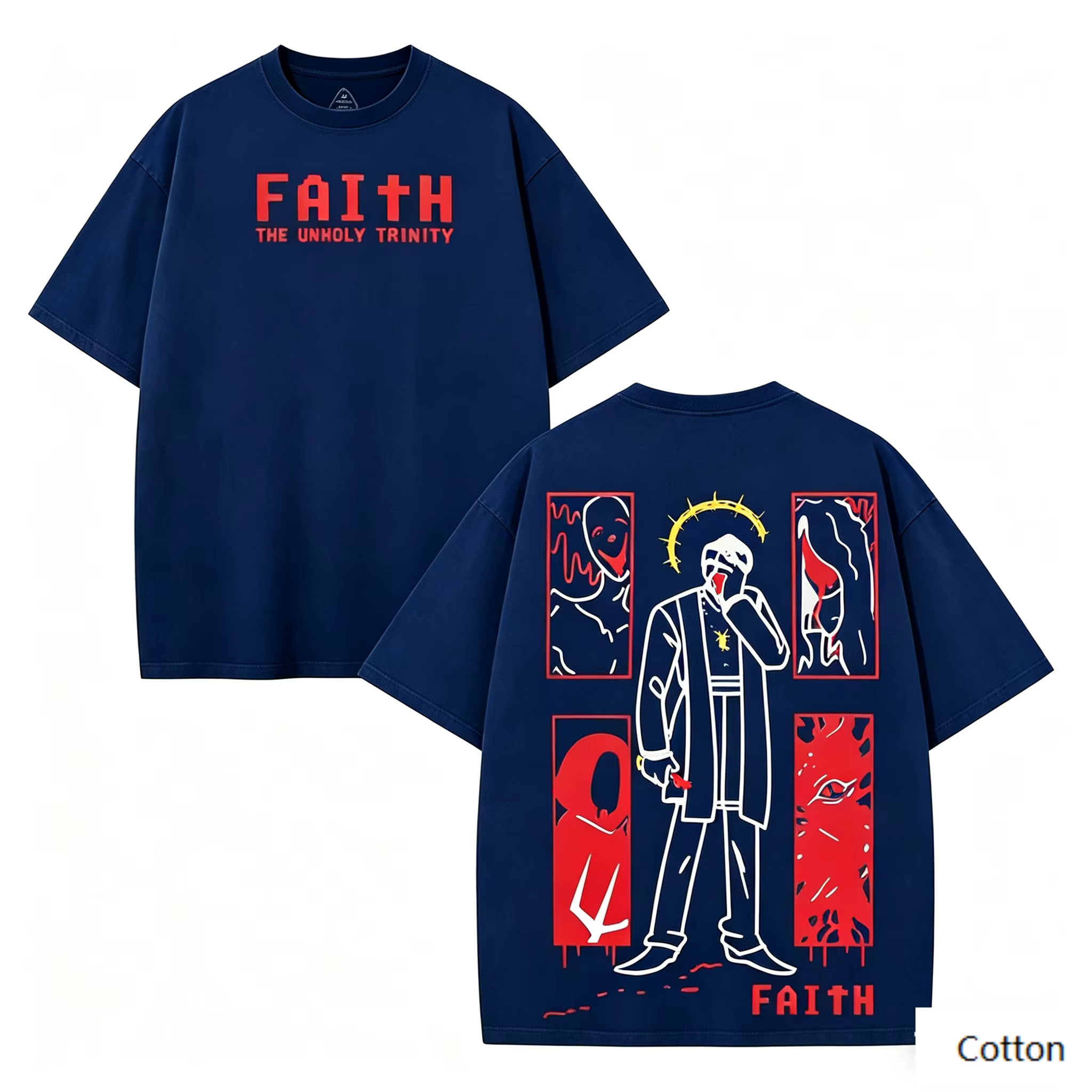 T-shirt graphique double face Faith The Unholy Trinity, 100% coton unisexe, streetwear gothique, tee