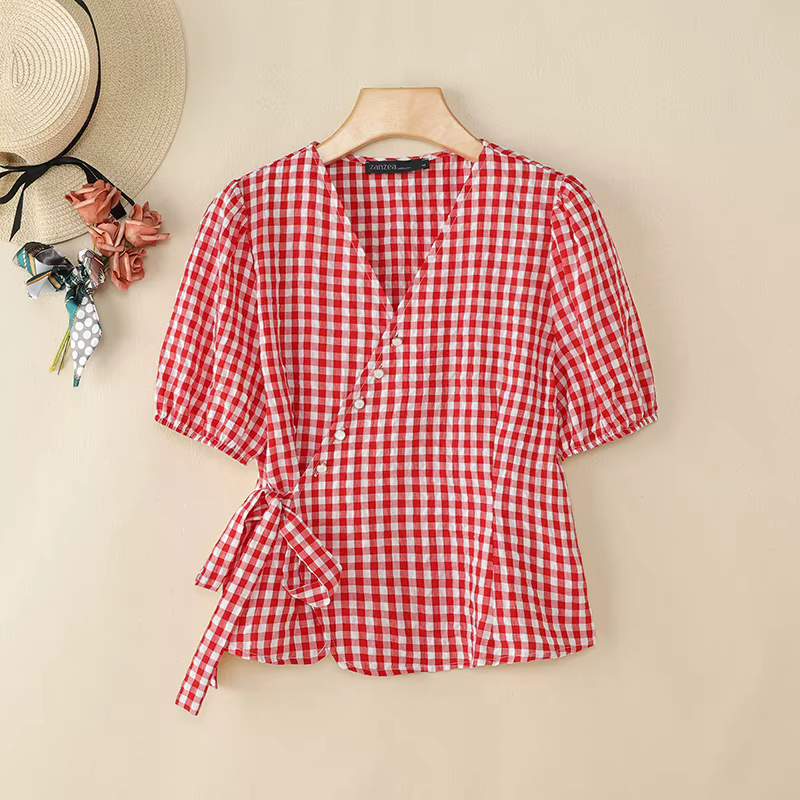 ZANZEA manches courtes bouffantes Vintage Blouses taille nouée décontracté été col en v Peplum hauts