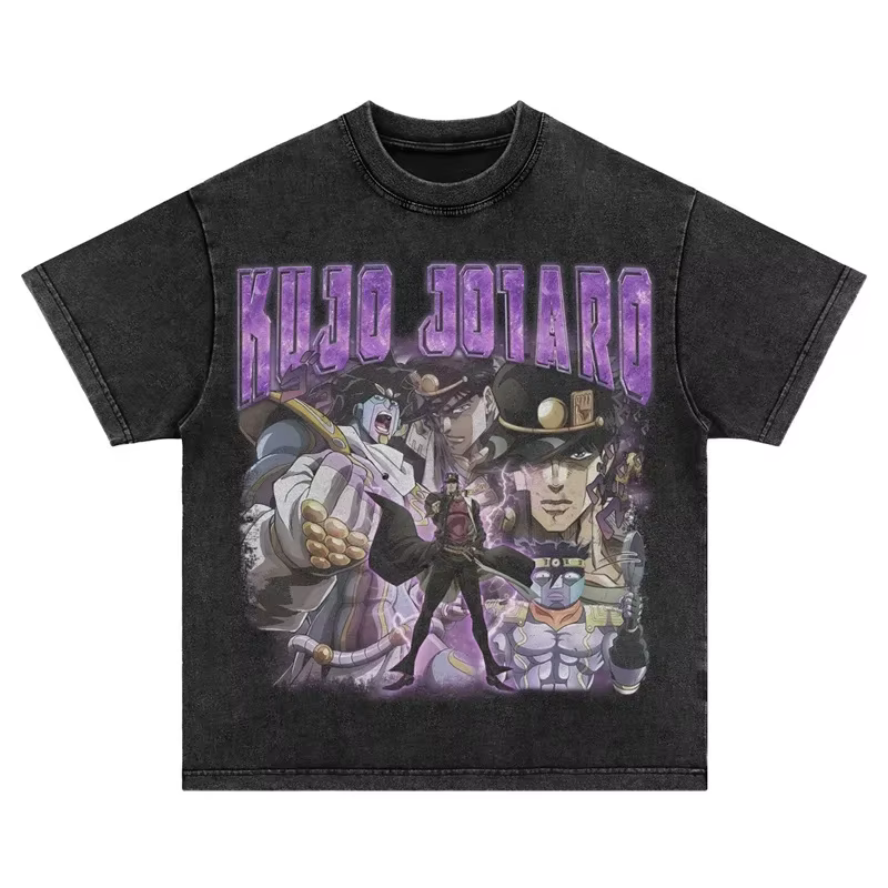 BiliBili Anime Vintage Washed Chain T-shirt, JoJos, Jolyne, Manga Stone, Ocean Jotaro, Streetwear, Y