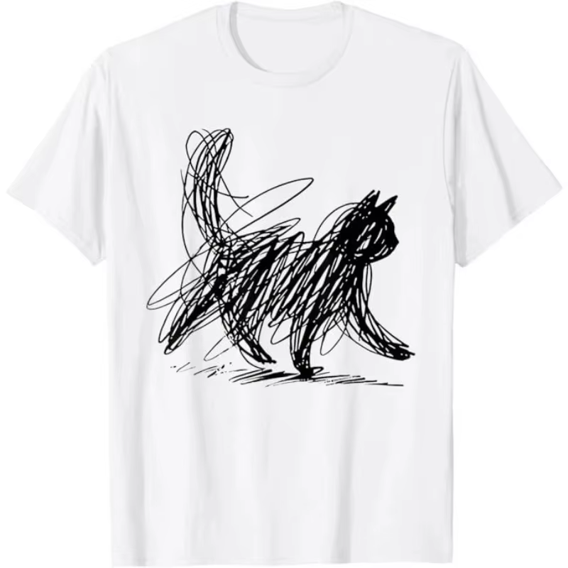 T-shirt Streetwear Tendance Minimaliste avec Motif Chat pour Femme et Homme, en Coton, Décontracté,