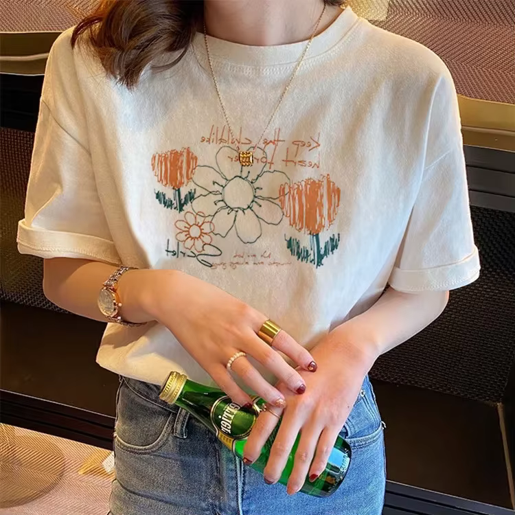 T-shirt blanc chic coréen pour femme, col rond imprimé, style streetwear Harajuku Y2K, idéal pour l'