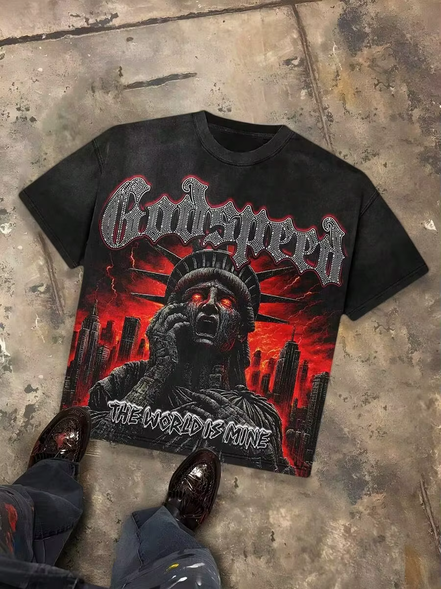Godspeed The World Is Mine Apocalyptic Liberty Distressed Graphic Tee T-shirt à manches courtes pour