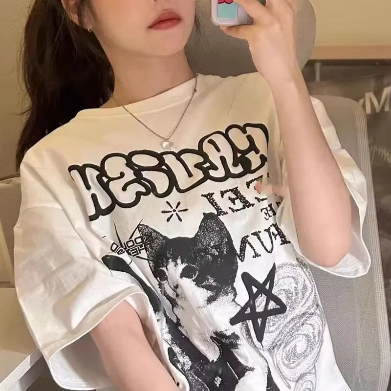 JEGraphic-T-shirt à manches courtes Cat Rock pour femmes, Streetwear américain, Vêtements d'été, Mod