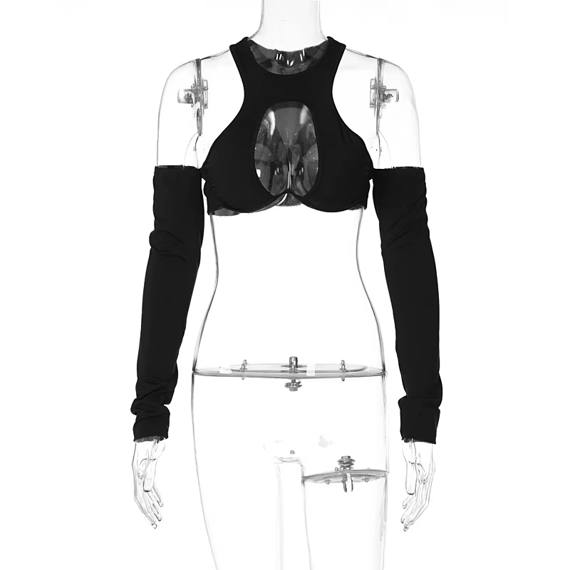 Sexy Wrap poitrine évider débardeur femmes à manches longues licou culture hauts nu ventre Camisole