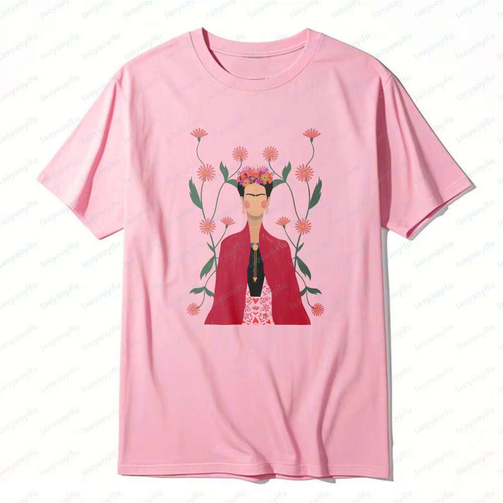 T-shirt en coton unisexe style bohème Frida Kahlo, motif floral artistique, élément floral, mode déc