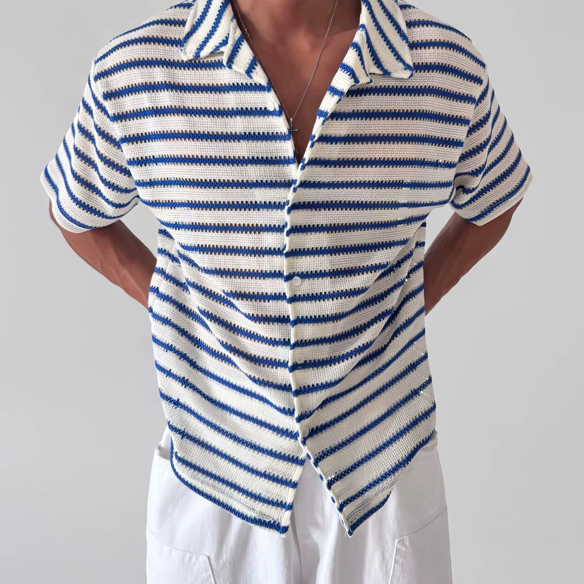 Chemise à manches courtes rayée bleue pour homme, coupe ample et légère, col classique, haut décontr