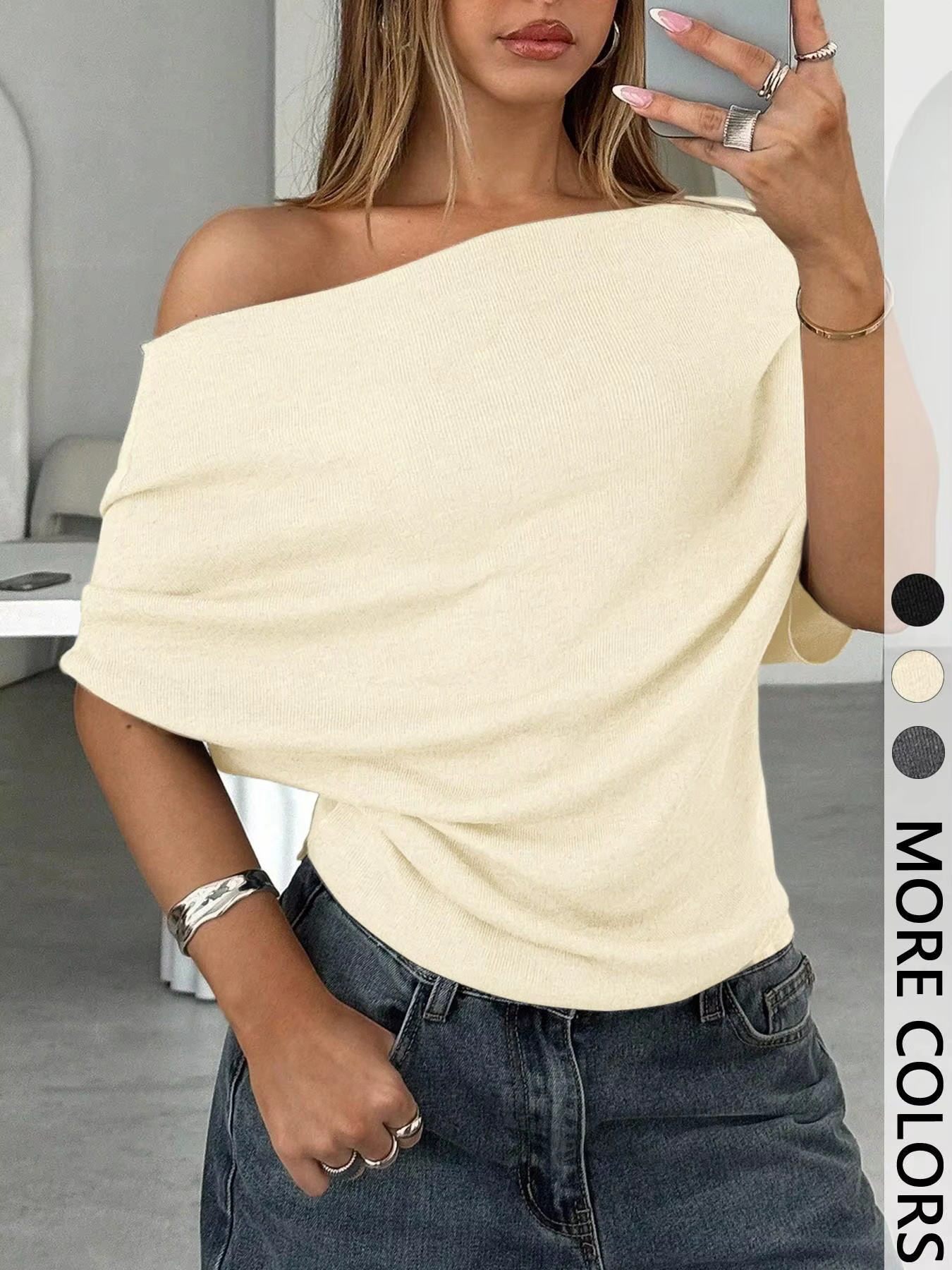 T-shirt sexy et tendance à épaules dénudées pour femme, coupe ajustée, manches chauve-souris, style