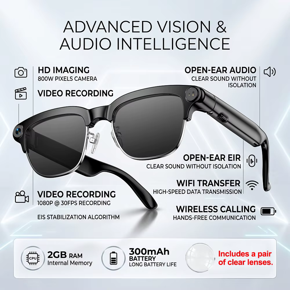 Lunettes Intelligentes IA avec Caméra HD 800W, Enregistrement Vidéo, Assistant Vocal IA, Traduction 