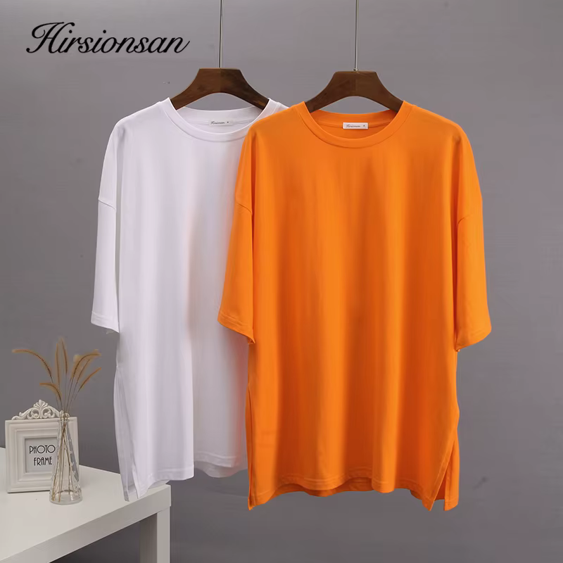 Hirsionsan été surdimensionné coton t-shirt femmes 2023 nouveau ample solide fendu t-shirts décontra
