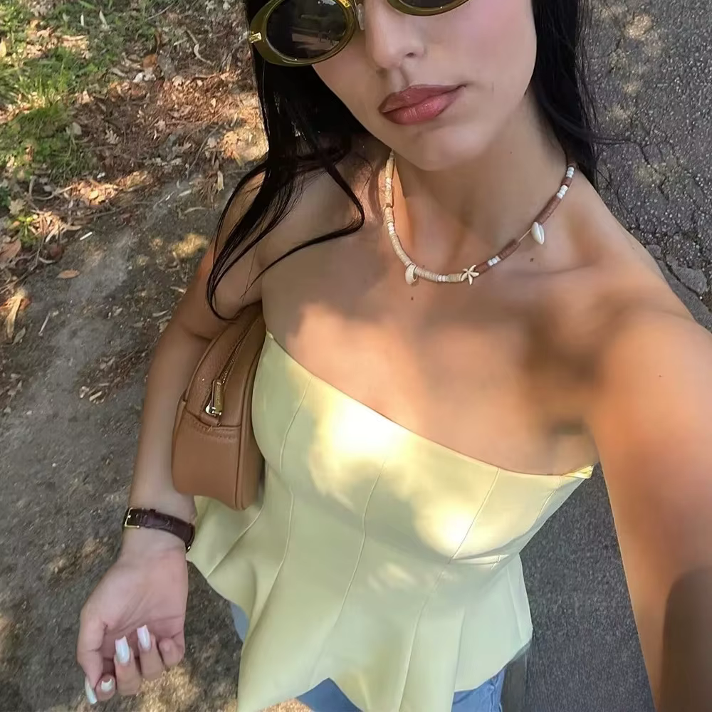 KONDALA Sexy beurre jaune Cami volants bustier tubulaire femmes mode 2025 été sans bretelles Y2K fil