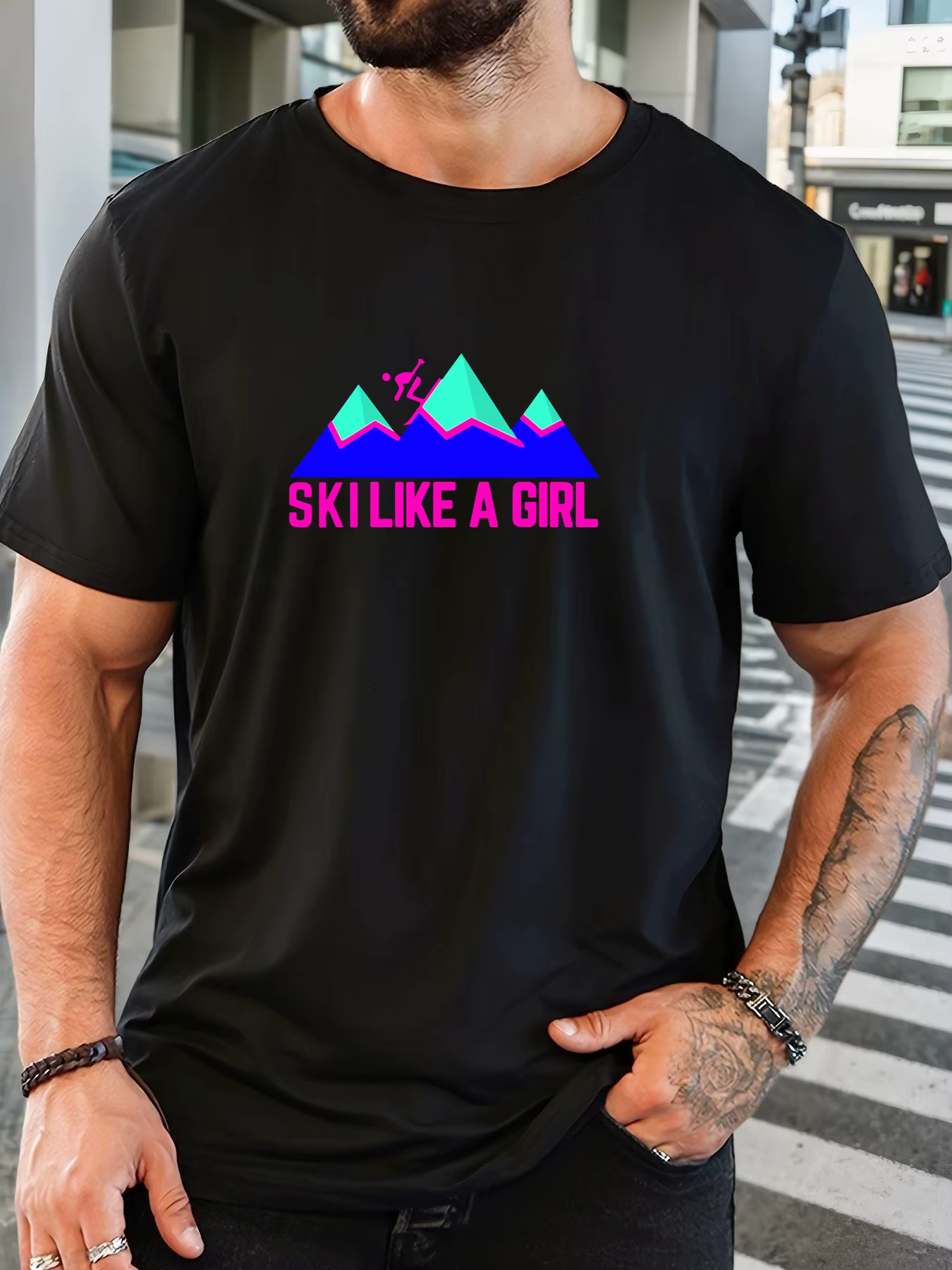 T-shirt court décontracté à col rond pour hommes SKI LIKE A GIRL