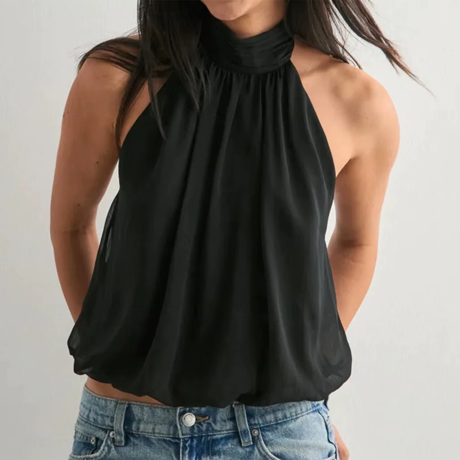 Haut court plissé à bretelles pour femme, style halter, avec ourlet bouffant, élégant, sexy, dos nu,