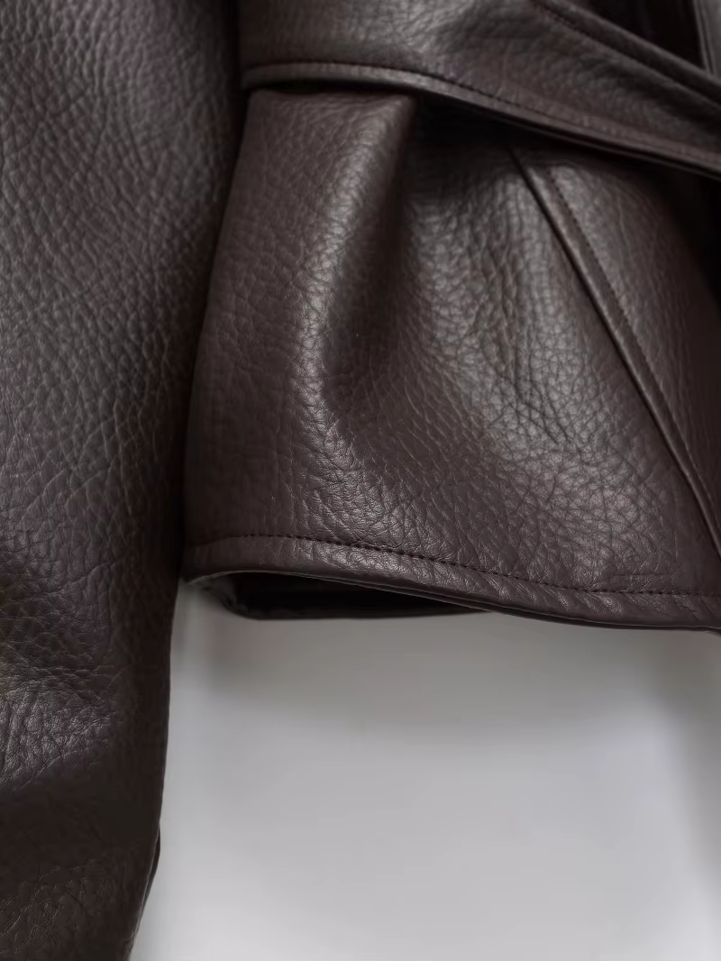 Veste Courte Ceinturée en Similicuir PU Vintage pour Femme ETJ, Col Montant, Collection Printemps 20