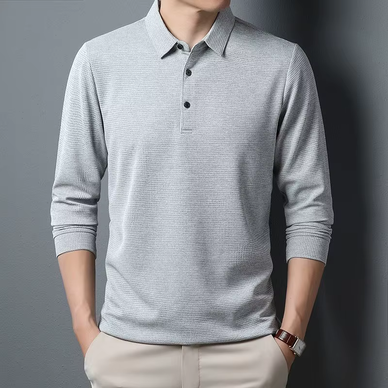SHiONFA-T-shirt à manches longues gaufré pour hommes, monochromatique, élastique, loisirs, vêtements