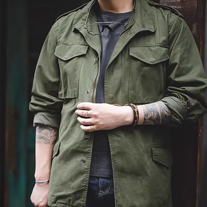 Veste de terrain M65, veste militaire pour hommes, veste rétro à col multi-poches avec fermeture écl