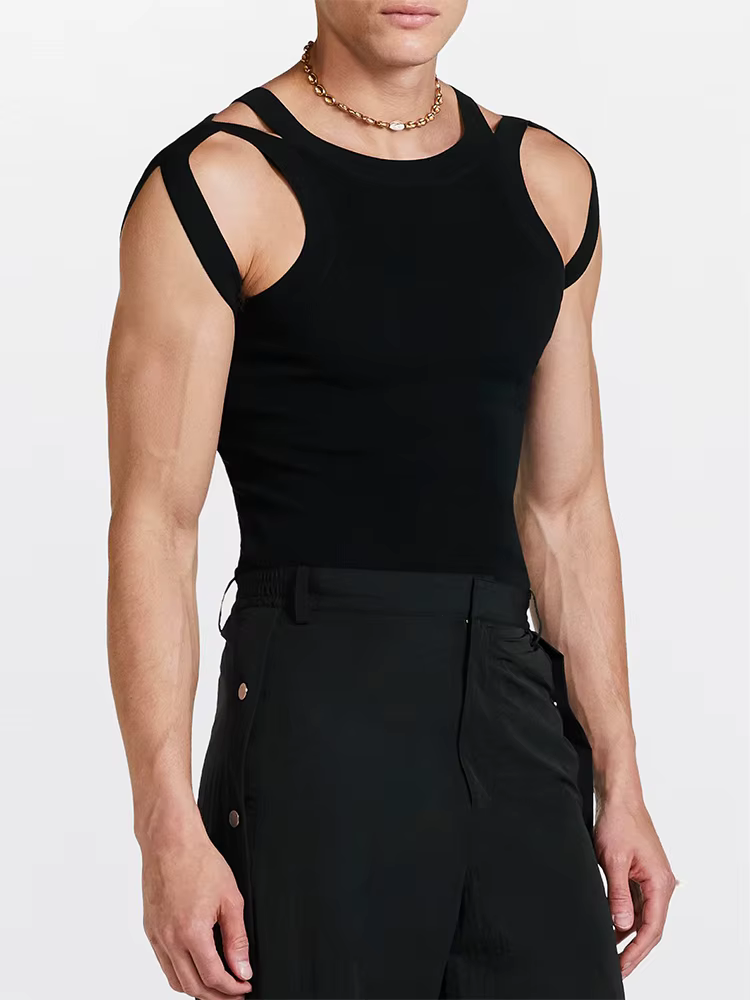 Mode Streetwear hommes été sans manches solide débardeurs solide col rond évider tricoté gilet Sexy 