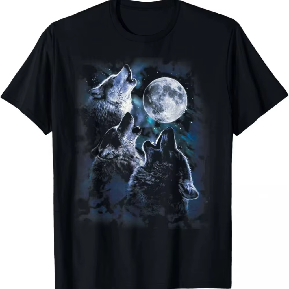 T-shirt bohème pour homme avec motif loup hurlant sur la lune, col rond noir, coupe décontractée, id