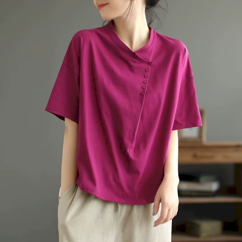 100% coton T-shirt femmes Design de mode bouton col rond T-shirt bonne qualité décontracté ample à m
