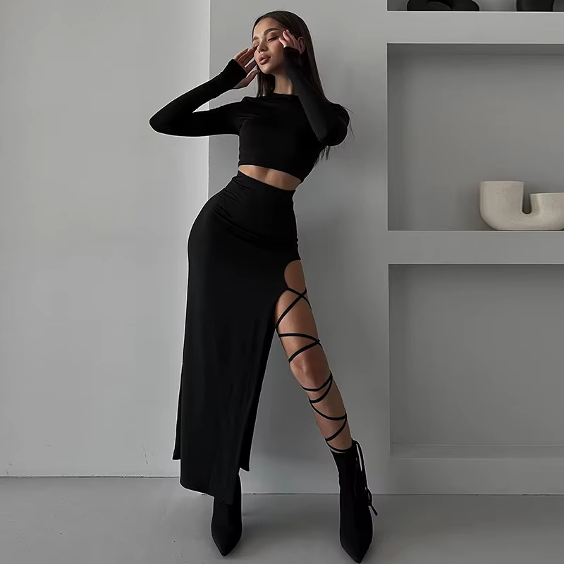 Haut à manches longues et col rond pour femme, couleur unie, décontracté, à la mode et sexy, avec br