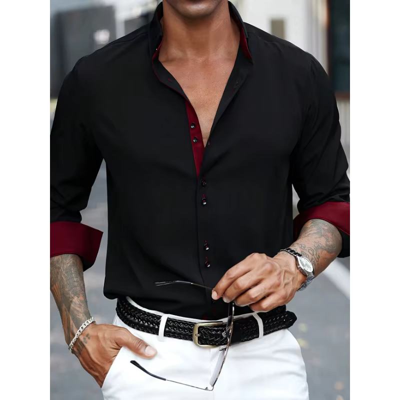 Chemise pour hommes flambant neuf couleur unie à manches longues intelligente décontracté noir élast