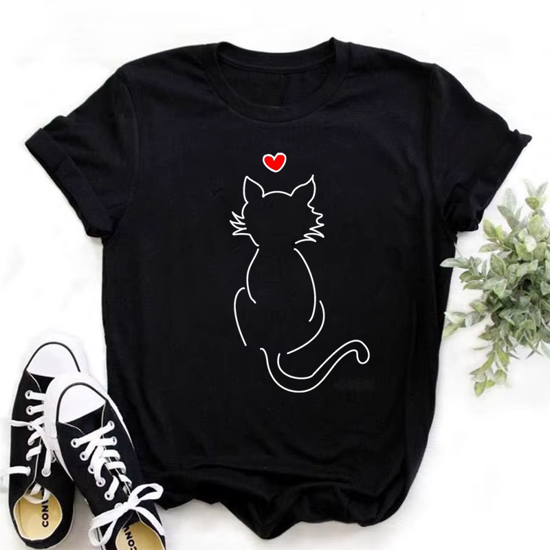 T-shirt manches courtes femme, estival et décontracté, humoristique, avec note de musique, chat noir