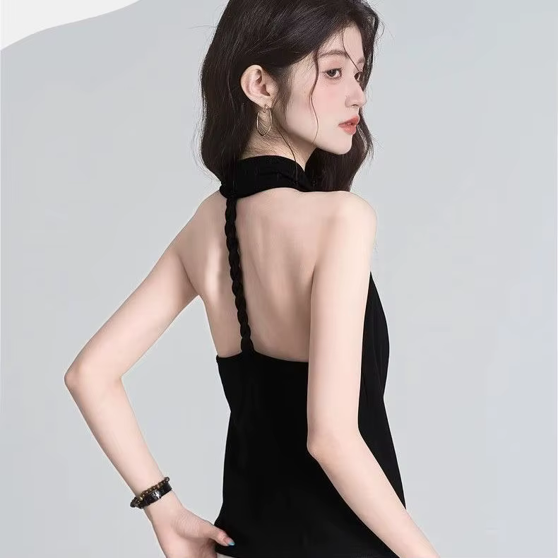 Haut d'été élégant pour femme à col bénitier, sans manches, en maille de soie glacée, dos nu, sexy, 